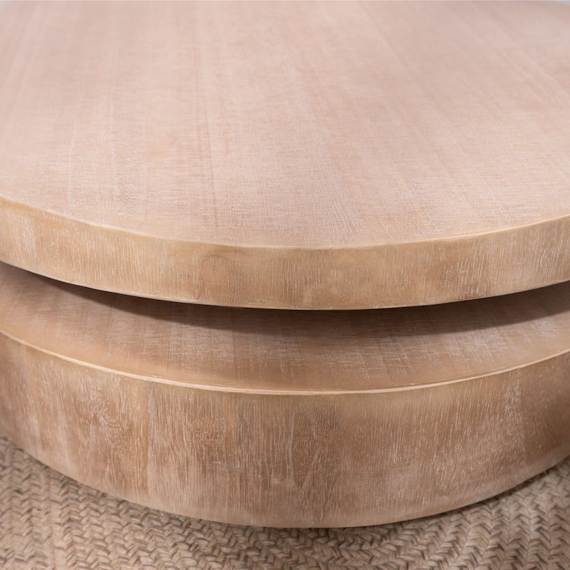 Minimalist Sculptural Round Coffee Table Natural Wooden Accent Table with Unique Asymmetrical 2-Tier Silhouette for Living Room