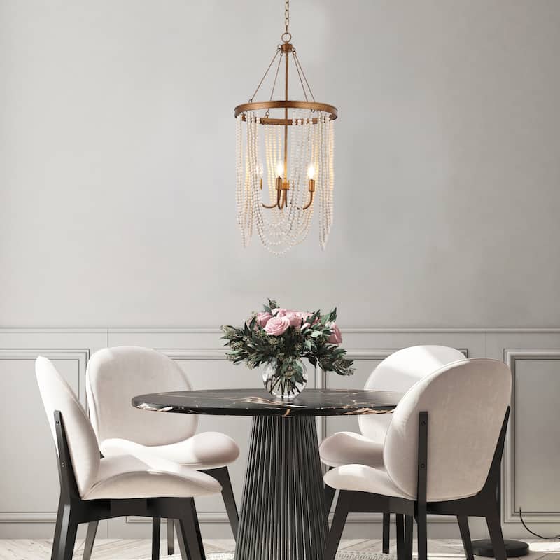 Renia Farmhouse Large 37.7inch 4-light Wood Beads Coastal Chandelier Antique Gold Light for Dining Room Bedroom Entryway