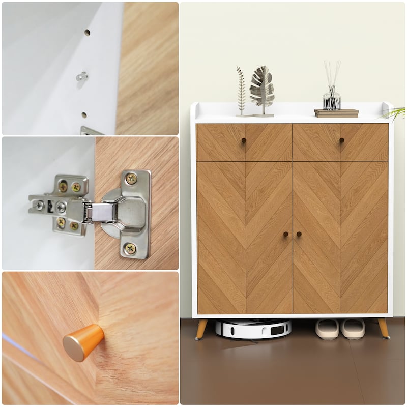 Shoe Cabinet, 4-Tier Shoe Rack Organizer with 2 Drawer, Herringbone Wooden Freestanding Shoe Storage Cabinet with 2 Door
