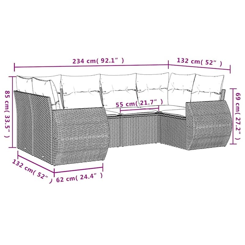 vidaXL 6 Piece Patio Sofa Set with Cushions Grey Poly Rattan - 24.4" x 24.4" x 27.2"