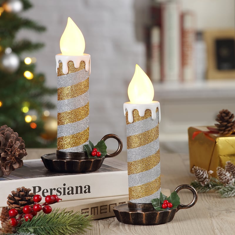 10" Set of 2 Flickering LED Resin Glittery Striped Candles - Gold & Silver