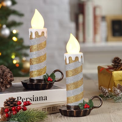 10" Set of 2 Flickering LED Resin Glittery Striped Candles - Gold & Silver