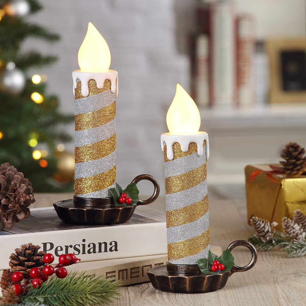 10" Set of 2 Flickering LED Resin Glittery Striped Candles - Gold & Silver