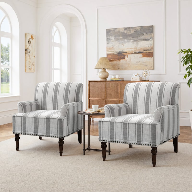 Set of 2 Stripe Linen Accent Arm Chairs with Nailhead Trim and Wood Legs