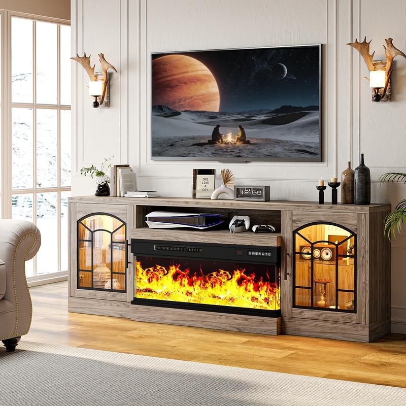 BOSSIN 70" Fireplace TV Stand with 36 inch 3-Sided Glass Fireplace for TVs Up to 70", Farmhouse Storage Entertainment Center