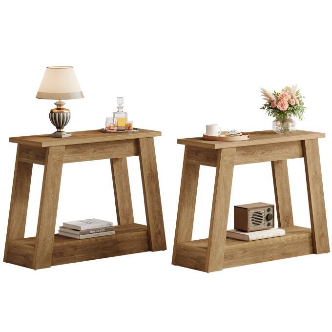 Rustic Wood End Table, Small Side Table With 2-Tier Storage Shelves