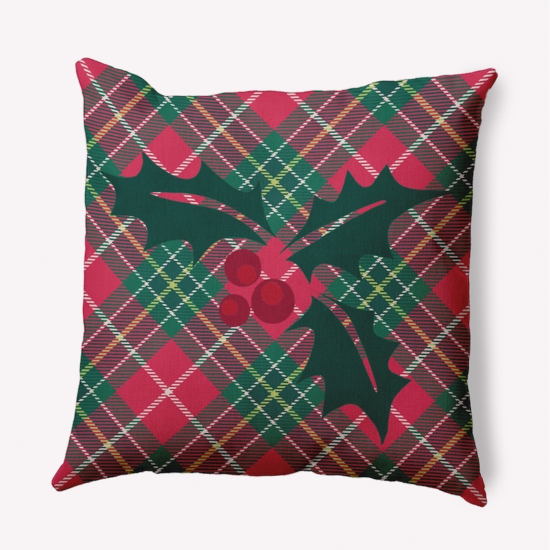 Holly on Plaid Christmas Indoor/Outdoor Throw Pillow - 20" x 20" - Christmas Pink