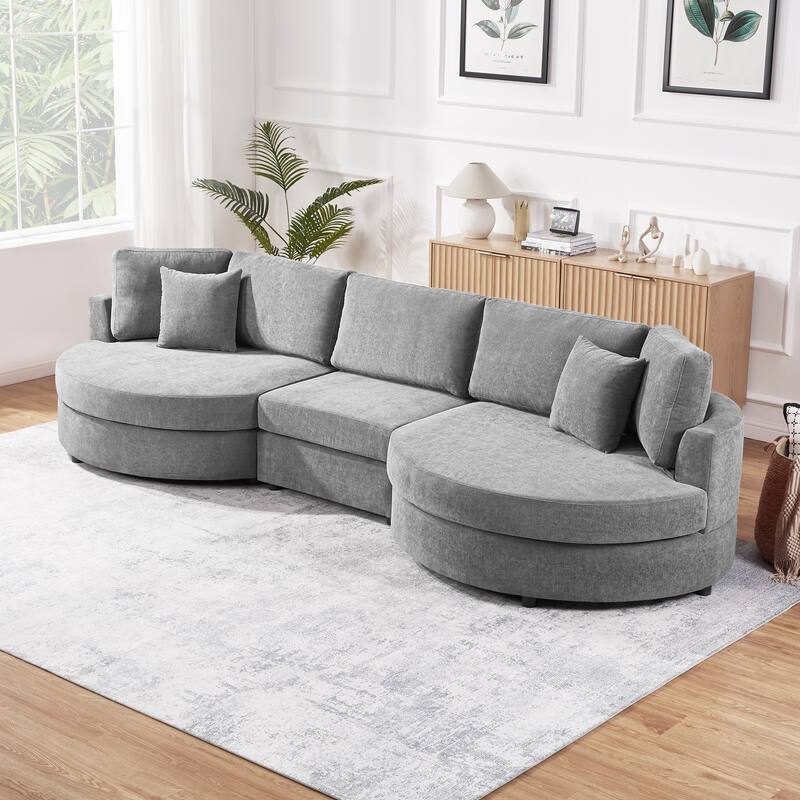 Roomfitters Modern Curved 3-Seater Sofa Couch with Throw Pillows, 129 Inch Wide