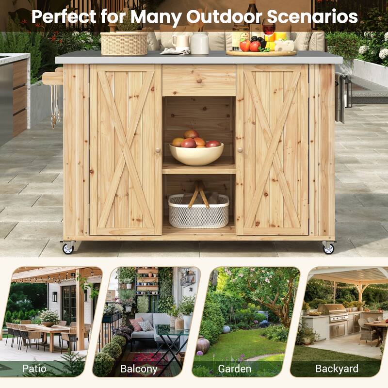 GDFStudio - Outdoor Fir Wood Kitchen Island with Stainless Steel Top