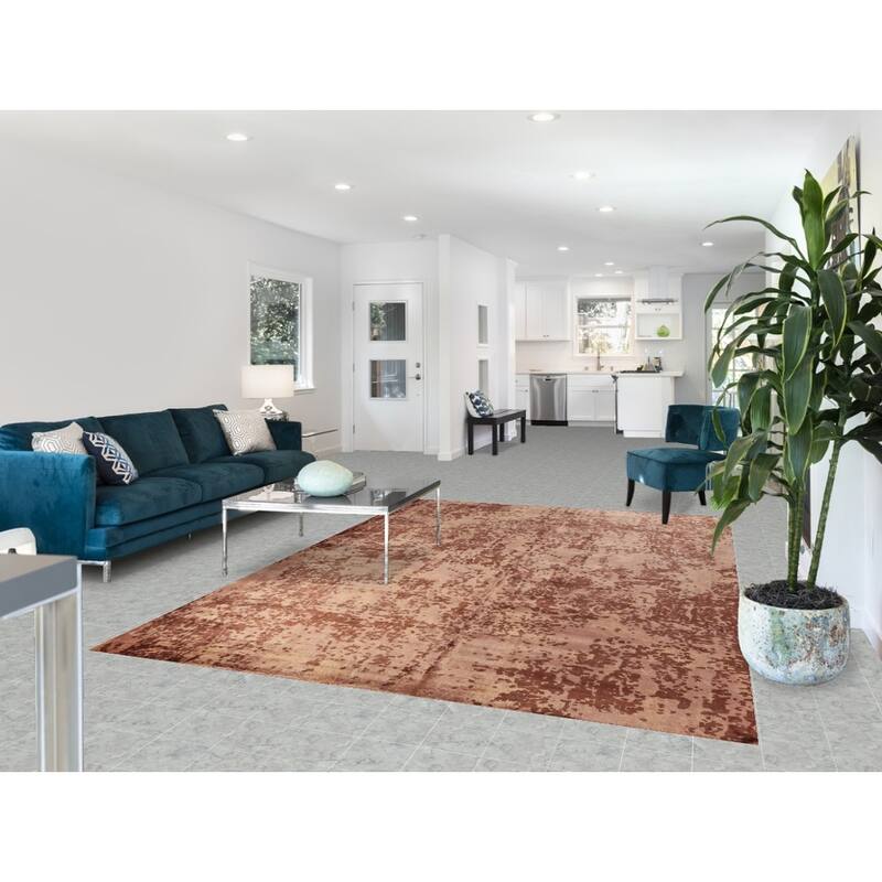 Contemporary Abstract Indian Area Rug Handmade Brown Wool Carpet - 6'8"x 9'10"