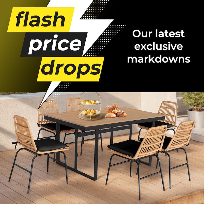 7 piece Outdoor Dining Set, Glass Table with Woven Chairs for Patio, Balcony & Garden - 26.77"L x 20.87"W x 31.1"H