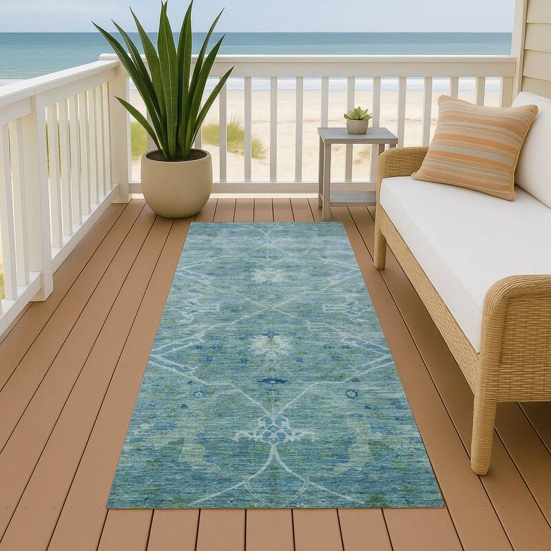 Machine Washable Indoor/ Outdoor Vintage Traditional Chantille Rug - Turquoise - 2'3" x 7'6"