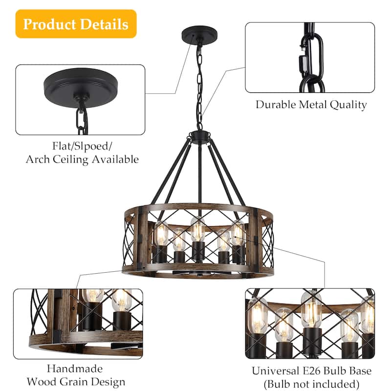 5-Light Rustic Drum Chandelier for Living Room Kitchen with No Bulbs Included