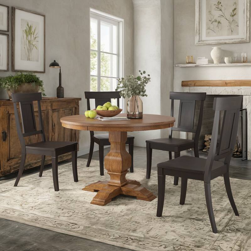 Ronda 45" Round Solid Wood Top Dining Set with Panel Back Chairs - Oak Table - Antique Black Chairs