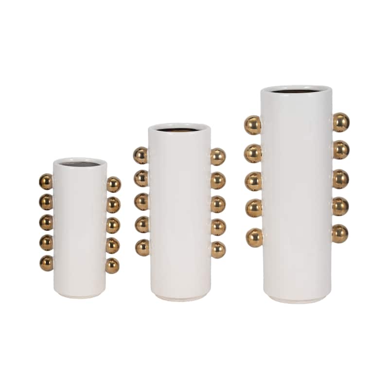 Sagebrook Home White/Gold Ceramic Cylinder Vase With Side Knobs