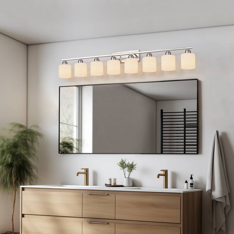 8-Light 52" Nickel Bathroom Vanity - Milky Glass - Wall Sconce for Bedroom, Living
