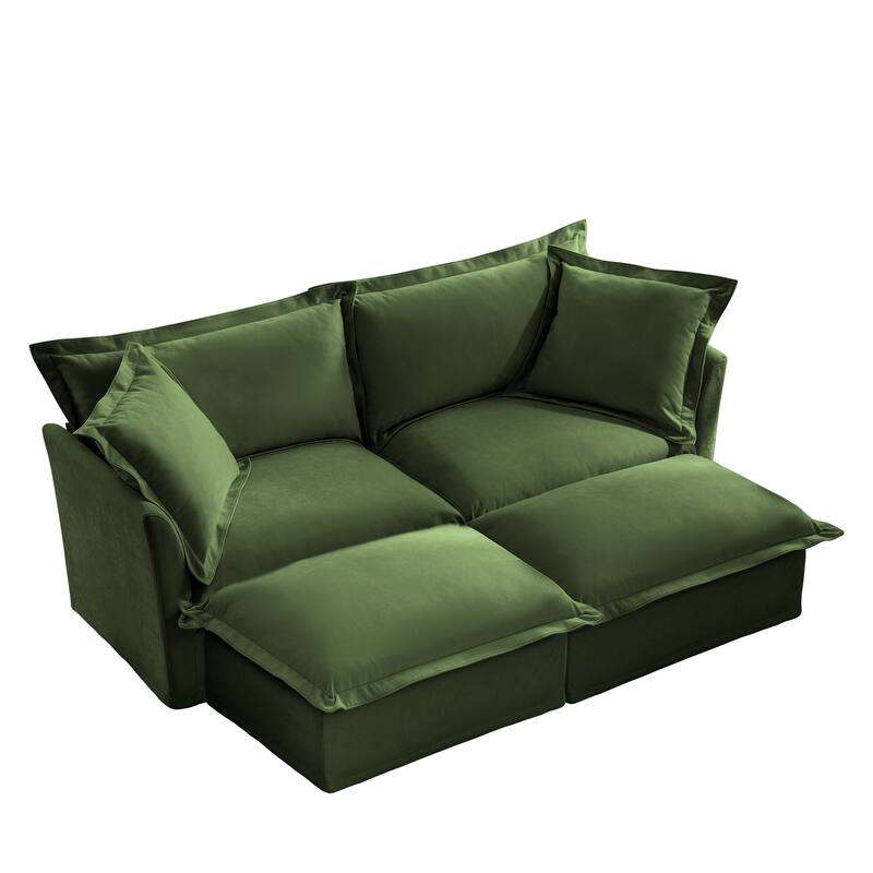 83.4" Chenille 2-Seater Sofa Set with 2 Ottomans, Sleeper Function & Removable Slipcovers