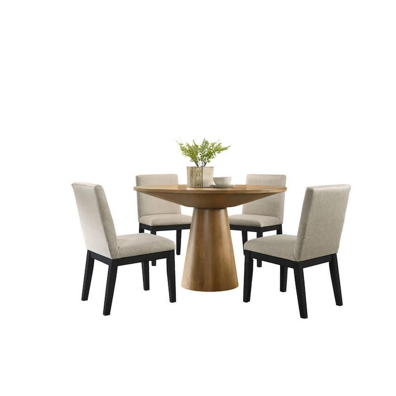 Yuvi 5 Piece Dining Table and Chair Set, Brown Round Top, Beige, Black