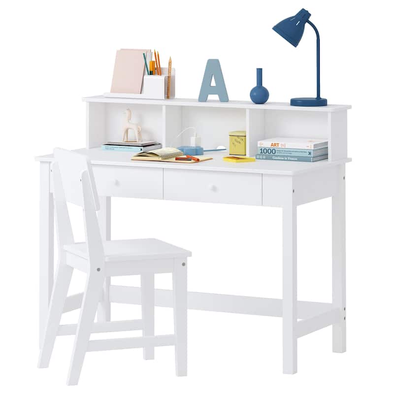 COSTARS Kids Desk and Chair Set with Hutch, Wooden Study Table for 5–12 Years Old, Student Writing Desk and Computer Workstation - White
