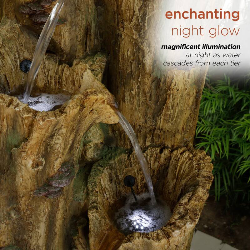 Alpine Corporation 65 Tall Outdoor 4 Tier Cascading Tree Bark Water Fountain with LED Lights Elegant Water Feature for Garden