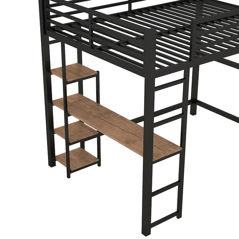 Black Full Size Metal Loft Bed with Built-in Desk and Storage Shelves