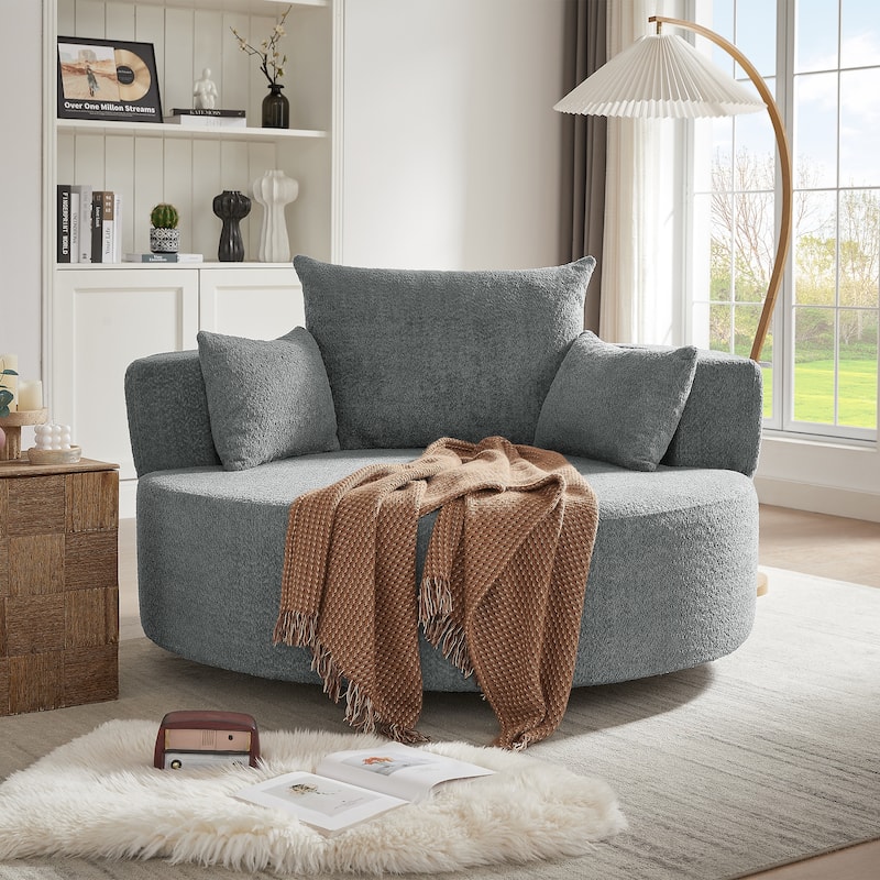 56"W Oversized Swivel Round Lounge Chair, Modern Chenille Accent Chair with 3 Pillow, Upholstered Single Sofa Chair