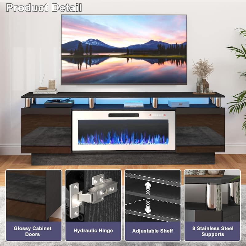 BOSSIN 70" Modern Electric Fireplace TV Stand, with Electronic Flame and LED Lights, High Gloss Finish Entertainment Center