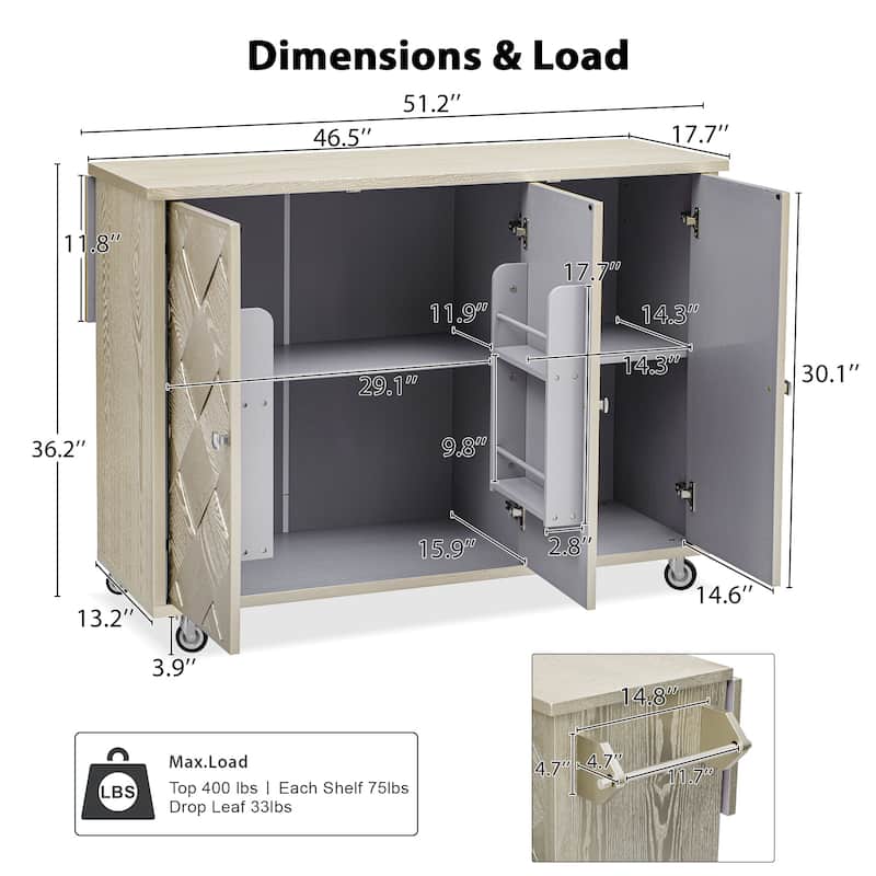 51.2"W Kitchen Island with Drop Leaf, Farmhouse Kitchen Island on Wheels with Internal Storage Rack Rolling Kitchen Cart