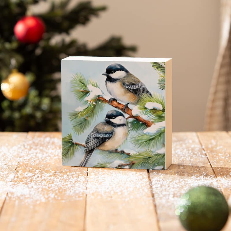 Holiday Chickadees Sign Wood Block - 6" x 6" - Multicolor