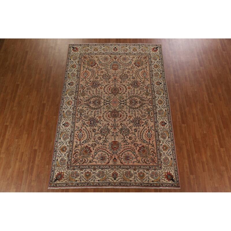 Hand Knotted Oriental 100% Wool Carpet Traditional All-Over Peach Tabriz Area Rug - 11' 2'' X 7' 7''