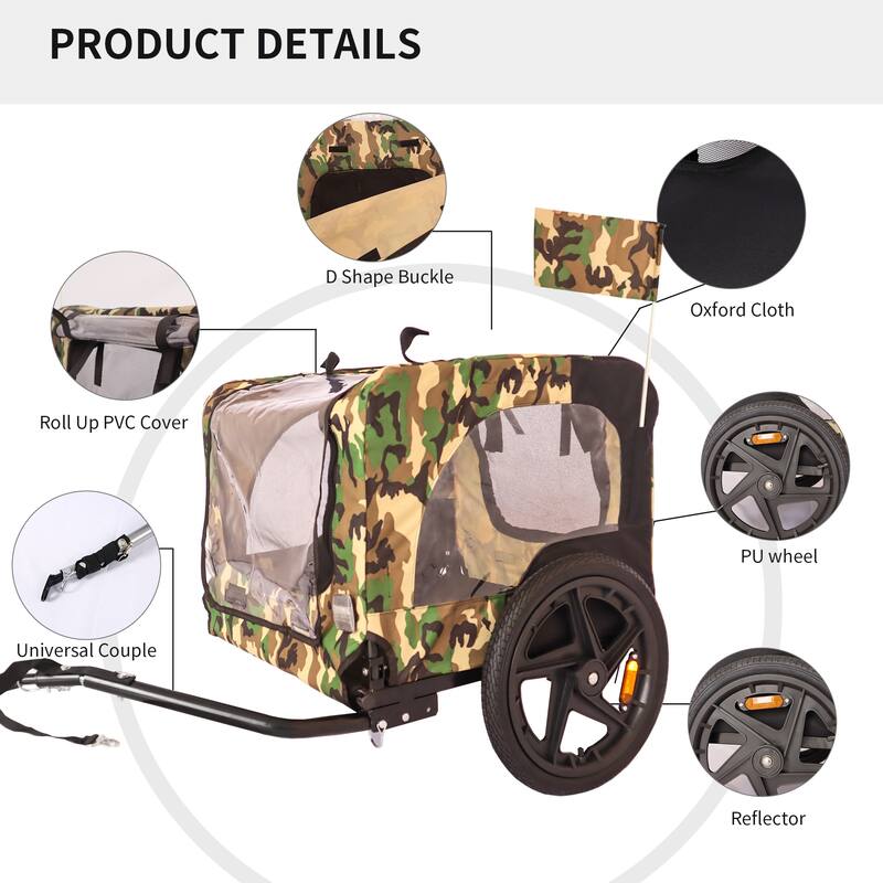 Foldable Dog Bike Trailer with Steel Frame, 16-Inch Wheels, and 88lb Capacity