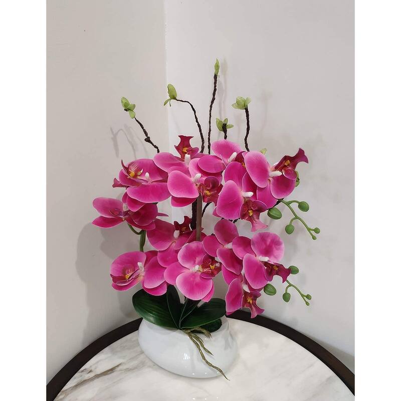 Artificial Orchid Plants and Flowers with Vase, Fake Faux Orchid in Ceramic Pot,17", Fuchsia