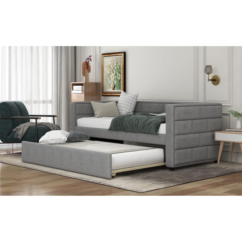 Twin Size Daybed with Trundle Bed, Upholstered Backrest, Wood Slat Support Frame