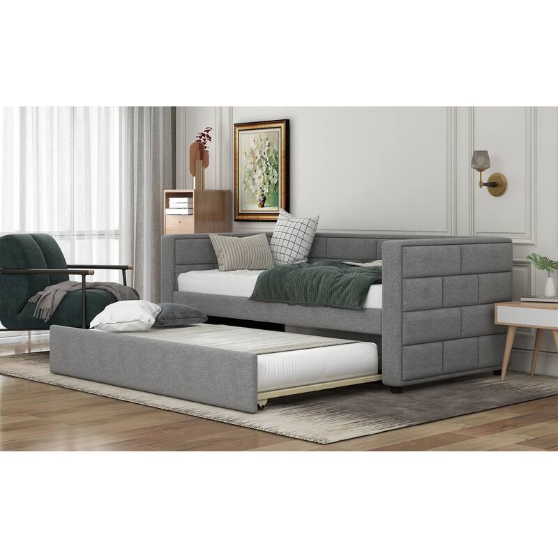 Twin Size Upholstered Daybed with Trundle, Padded Back