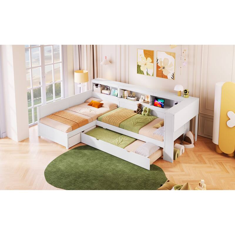 Twin Size L-shaped Platform Bed with Trundle, Drawer, and Charging Station, White