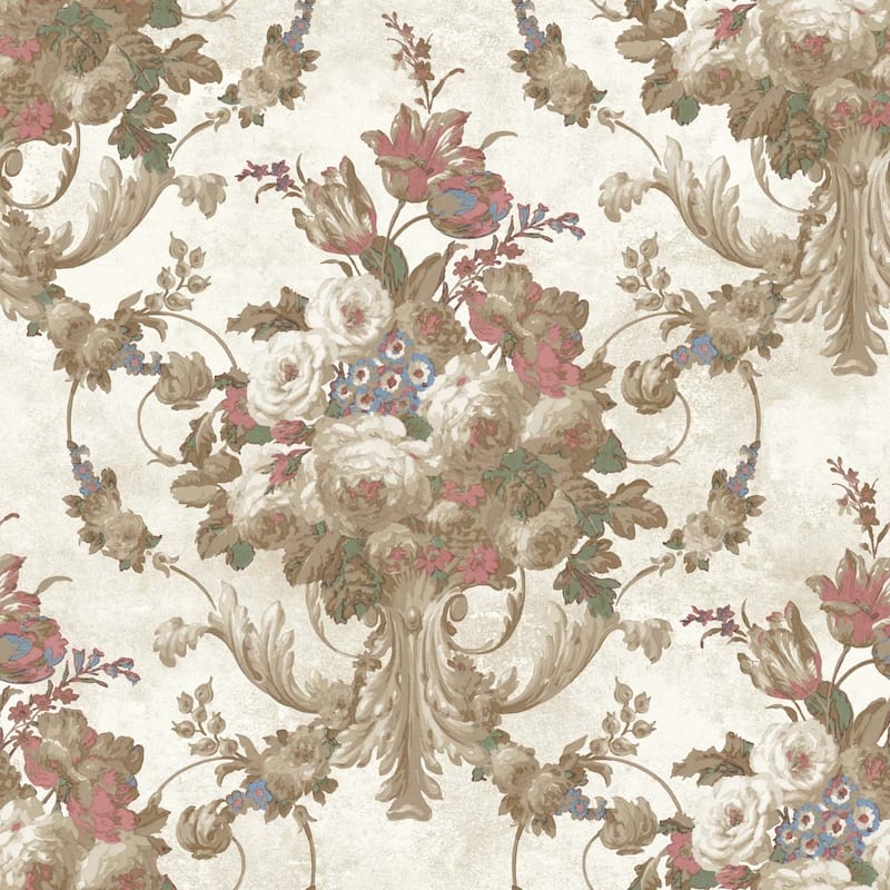 Seabrook Designs Hamilton Watercolor Floral Unpasted Wallpaper - 27 in. W x 27 ft. L bolt 60.75 sq. ft. - Metallic Cream & Petal Pink