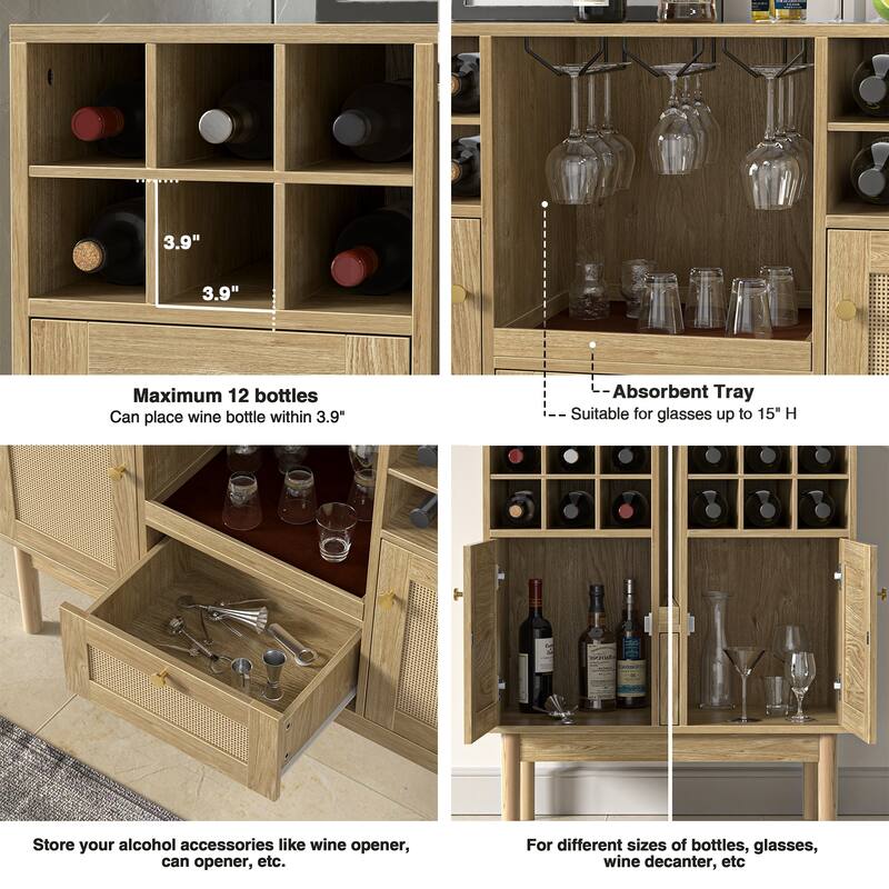 Anmytek Modern 2-Door Natural Oak Buffet Sideboard Wine Bar Cabinet with Drawer and Wine Rack - 43.3"W x 15.7"D x 34"H
