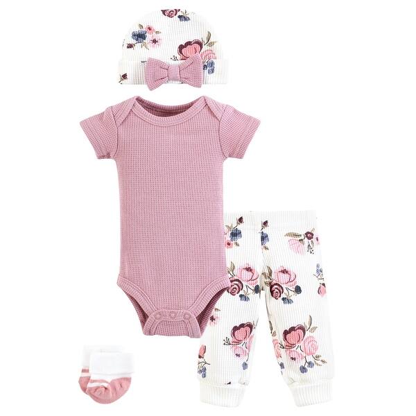 slide 1 of 1, Hudson Baby Girls Thermal Preemie Layette Set 4pc Short Sleeve Outfit, Dusty Rose Floral, Preemie Preemie - Dusty Rose Floral Short Sleeve