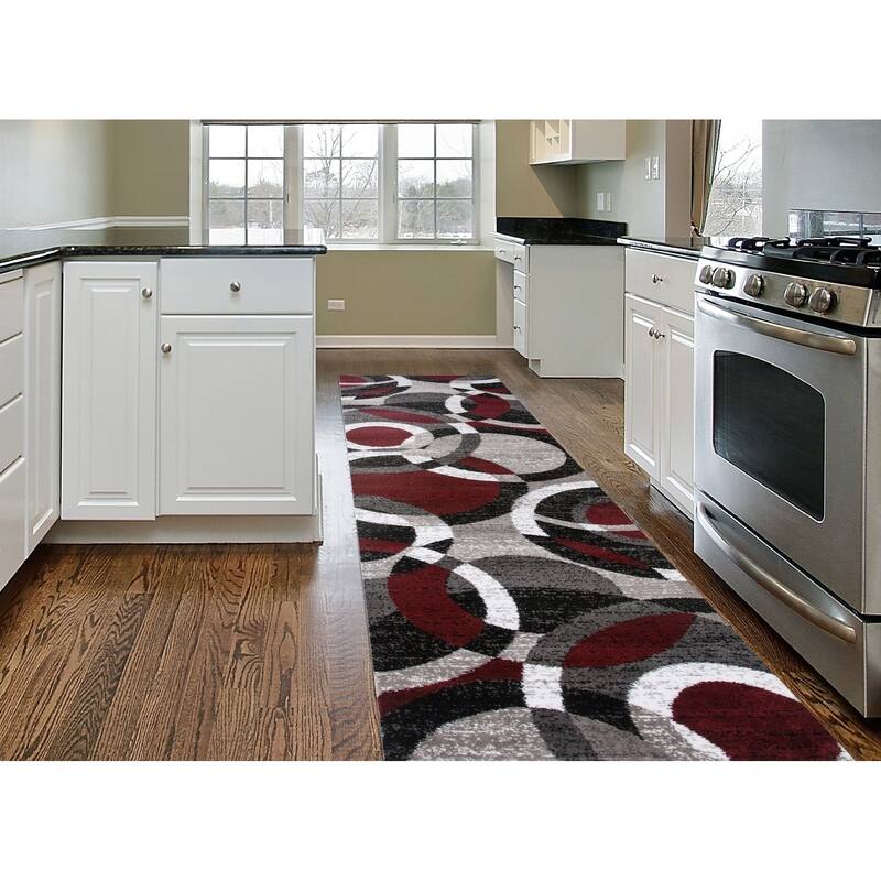 World Rug Gallery Geometric Circles Area Rug - 2'x10' Runner - Red