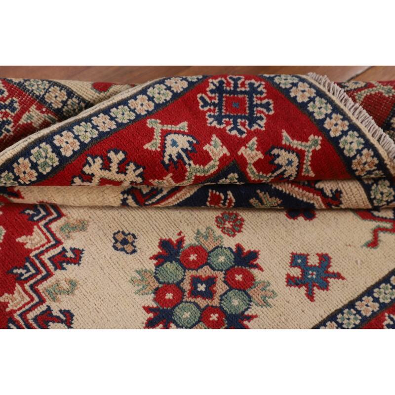 Geometric Ivory Kazak Accent Rug Hand-Knotted Wool Carpet - 3'11" x 5'11"