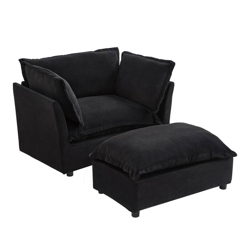Chenille Modern Armchair Sofa with Movable Ottoman, Wide Seat, Curved Armrests, and Removable Cushions