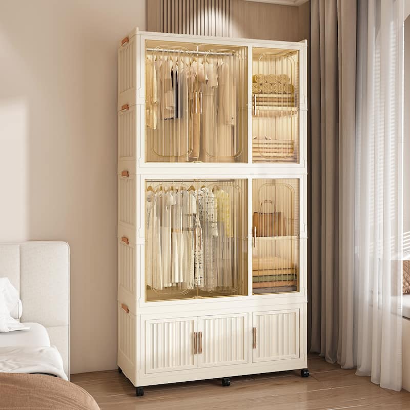 Portable Closet Wardrobe for Renters Students Travelers, Folding Armoire Clothes Cabinet with 9 Cubes & 2 Hanging Rods
