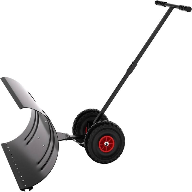 36-Inch Heavy-Duty Steel Snow ShovelSingle Pole- 5-Height Adjustable Handle and All-Terrain Wheels (Black) - Black