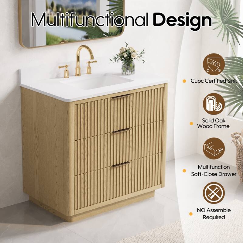 35''H Solid Wood Bathroom Vanity With Stain-resistant Carrera White Quartz Top and Sink