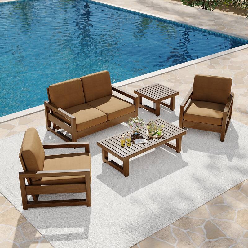 5-Piece Patio Wood Conversation Set with Loveseat, Chairs and Tables
