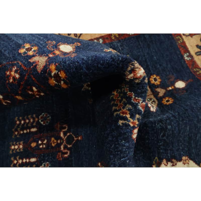 Hand Knotted Oriental 100% Wool Carpet Traditional Tribal Navy Blue & Blues Gabbeh (Qashqai) Area Rug - 6' 7'' X 4' 11''
