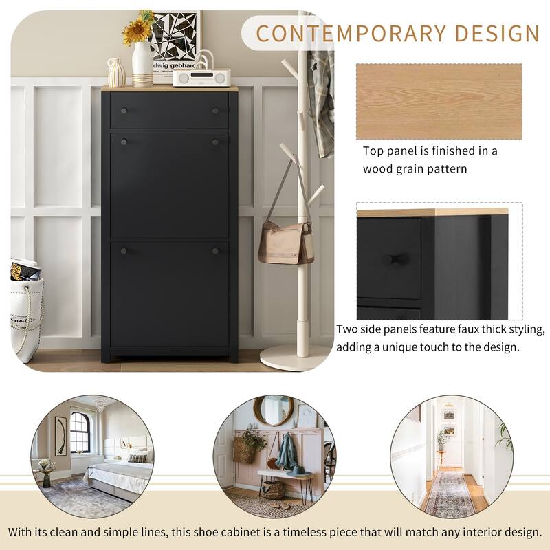 Entryway Shoe Rack Organizer with 2 Flip Drawers and Adjustable Panel,Wood Grain Pattern Top Shoe Cabinet with Drawer