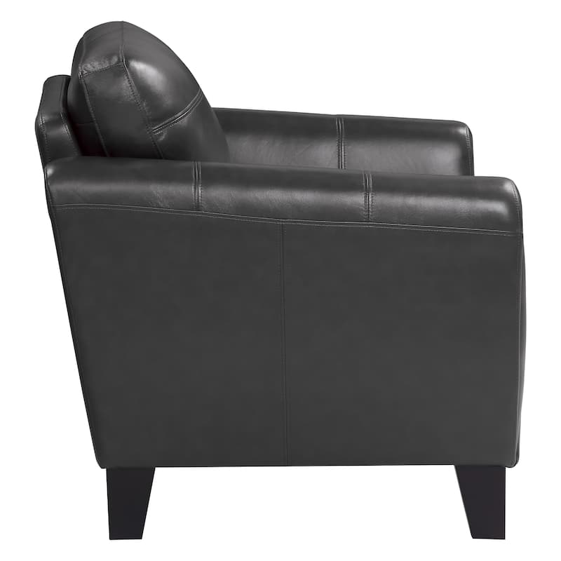 Sofy 37 Inch Accent Chair, Dark Gray Top Grain and Faux Leather, Solid Wood
