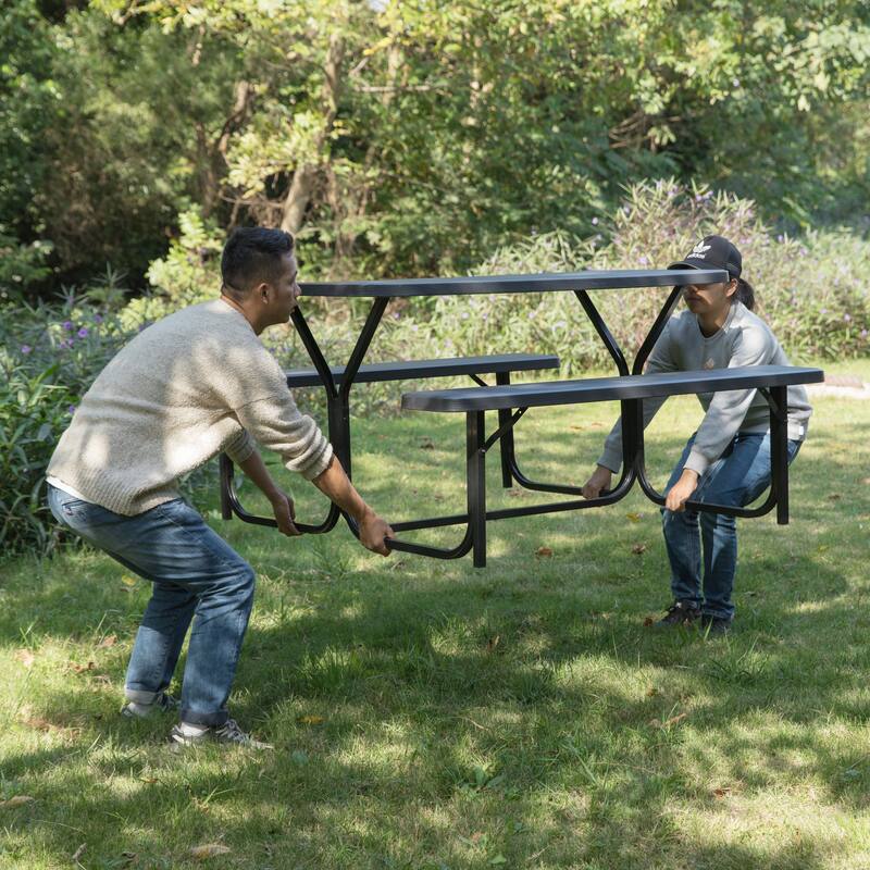 Outdoor Woodgrain Picnic Table Set with Metal Frame, Gray