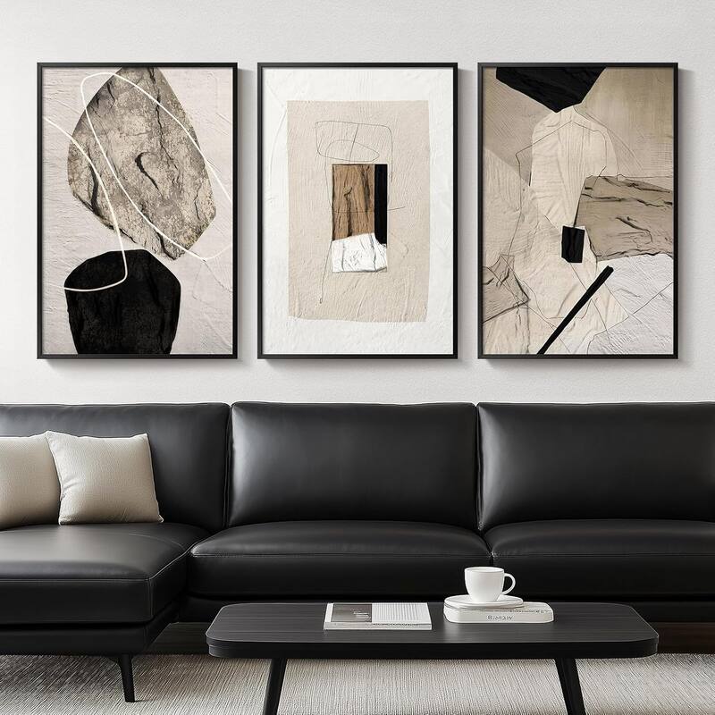 Framed Neutral Abstract Wall Art,Minimalist Black and Beige Pictures